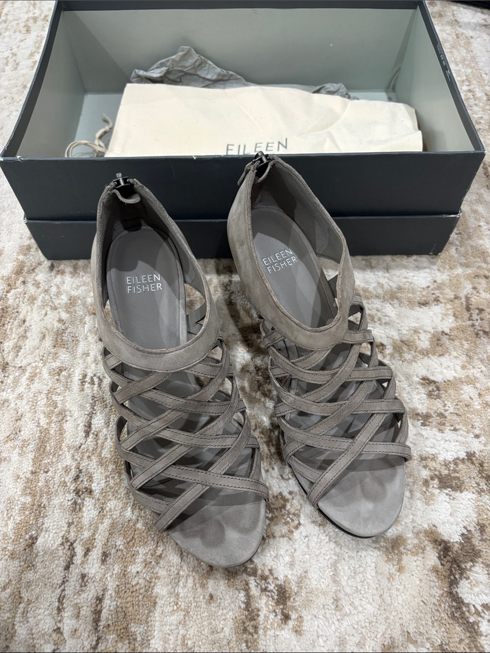 Eileen Fisher Gray Suede Crisscross Heeled Sandals